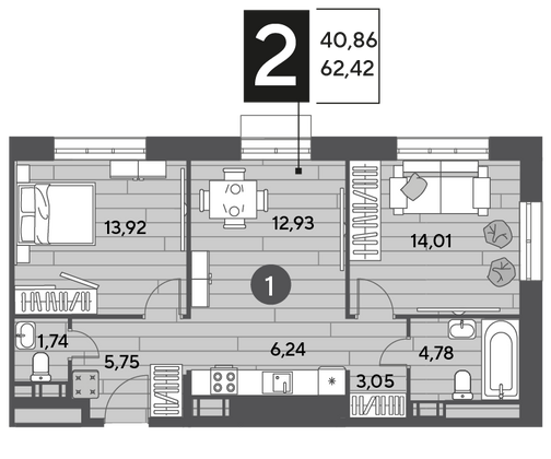 Продажа 2-комнатной квартиры 62,4 м², 2/9 этаж