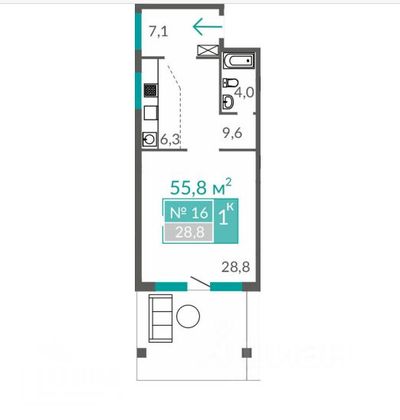 Продажа квартиры со свободной планировкой 55,8 м², 1/10 этаж