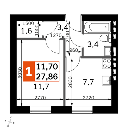 27,9 м², 1-комн. квартира, 3/4 этаж