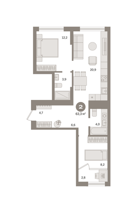 63,3 м², 2-комн. квартира, 6/9 этаж