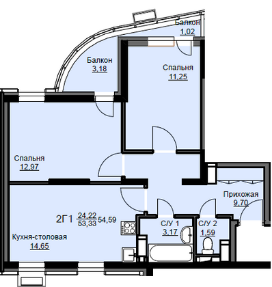 Продажа 2-комнатной квартиры 54,6 м², 12/17 этаж