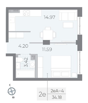 Продажа 1-комнатной квартиры 34,2 м², 4/8 этаж