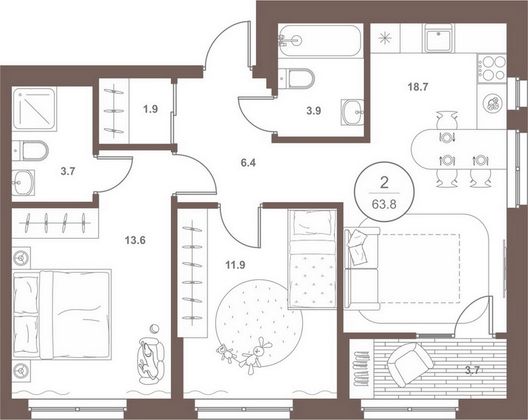 Продажа 2-комнатной квартиры 63,8 м², 9/18 этаж