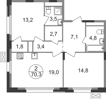 70,3 м², 2-комн. квартира, 4/9 этаж