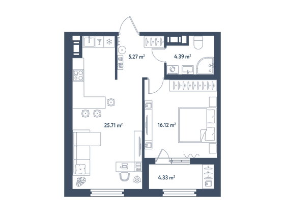 53,7 м², 1-комн. квартира, 2/11 этаж