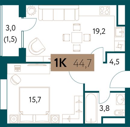 44,7 м², 2-комн. квартира, 28/28 этаж