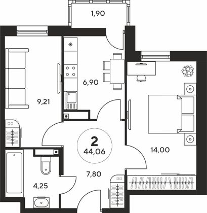 43,9 м², 2-комн. квартира, 23 этаж