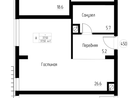 37,5 м², 1-комн. квартира, 1/5 этаж