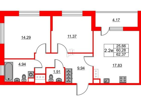 Продажа 2-комнатной квартиры 60,3 м², 12/12 этаж