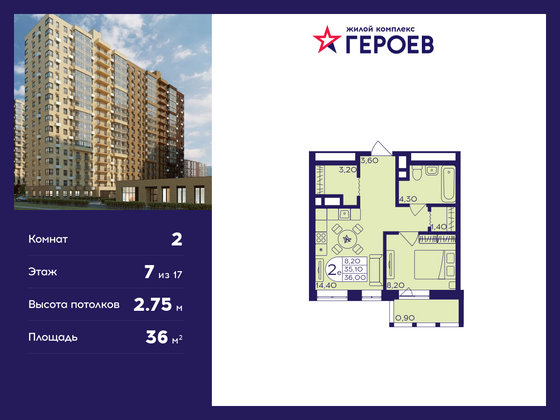 36 м², 2-комн. квартира, 7/17 этаж