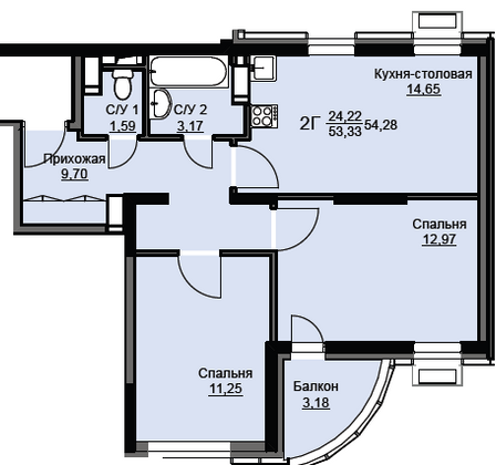 54,3 м², 2-комн. квартира, 13/17 этаж