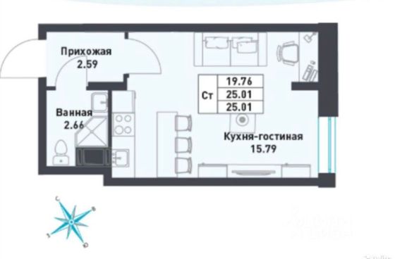 Продажа квартиры-студии 25,1 м², 1/11 этаж