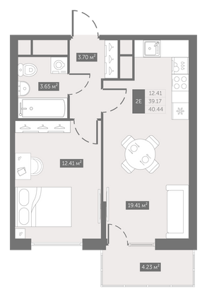 40,4 м², 1-комн. квартира, 3/10 этаж