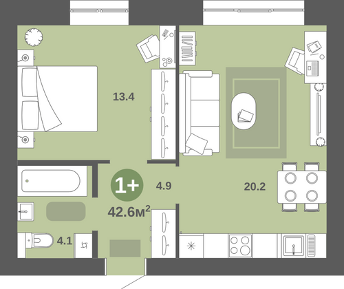 Продажа 1-комнатной квартиры 42,6 м², 5/5 этаж