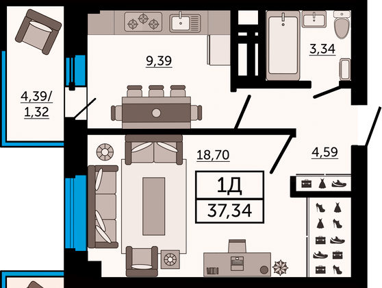 37,3 м², 1-комн. квартира, 2/26 этаж