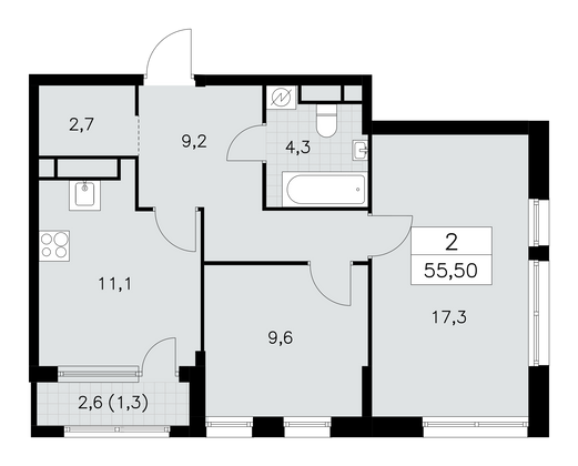 55,5 м², 2-комн. квартира, 26/30 этаж