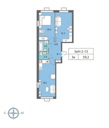 Продажа 2-комнатной квартиры 59,2 м², 13/23 этаж