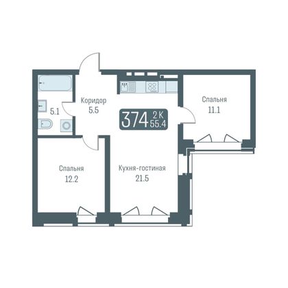 55,4 м², 3-комн. квартира, 1/24 этаж