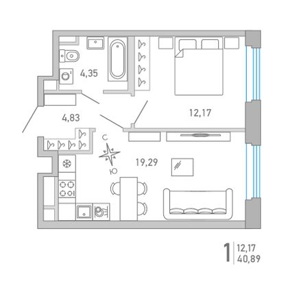 40,9 м², 1-комн. квартира, 4/10 этаж