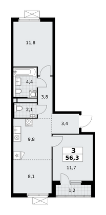 56,3 м², 3-комн. квартира, 6/16 этаж