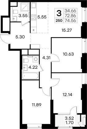 74,6 м², 3-комн. квартира, 4/32 этаж