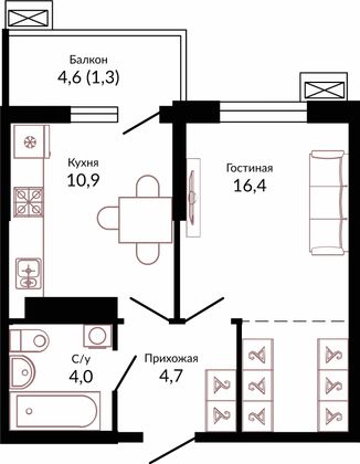 37,3 м², 1-комн. квартира, 3/23 этаж