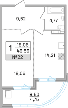 46,6 м², 1-комн. квартира, 8 этаж