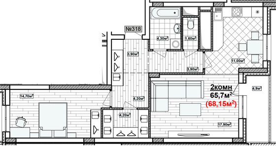 Продажа 2-комнатной квартиры 68,2 м², 16/19 этаж