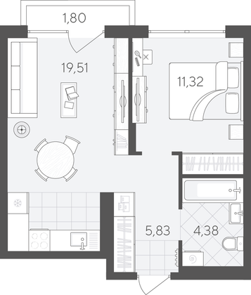 42,8 м², 1-комн. квартира, 5/9 этаж