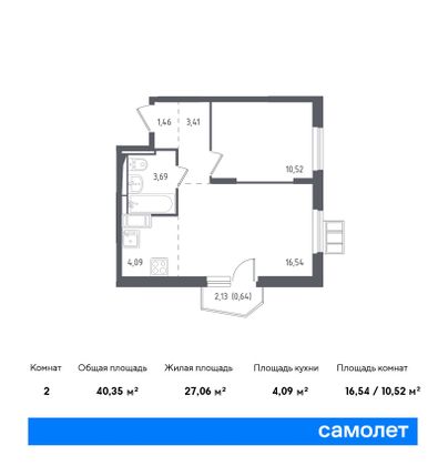 40,3 м², 1-комн. квартира, 13/17 этаж