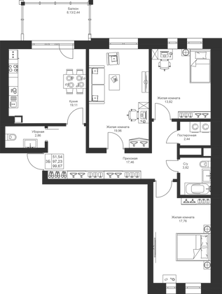 99,7 м², 3-комн. квартира, 2/4 этаж