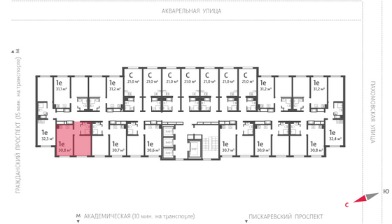 30,8 м², 1-комн. квартира, 24/25 этаж