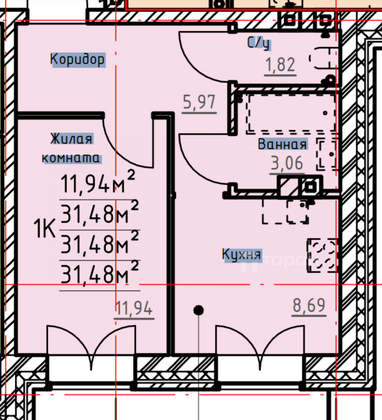 Продажа 1-комнатной квартиры 32 м², 2/4 этаж