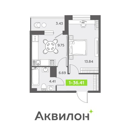 36,4 м², 1-комн. квартира, 12/13 этаж