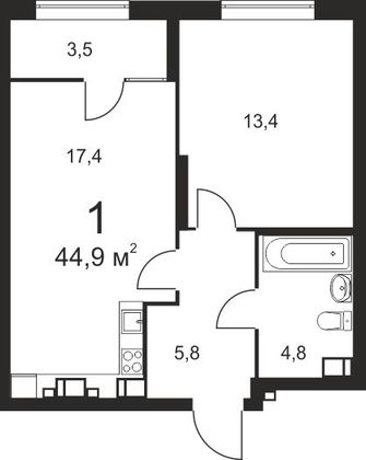 Продажа 1-комнатной квартиры 44,9 м², 21/25 этаж