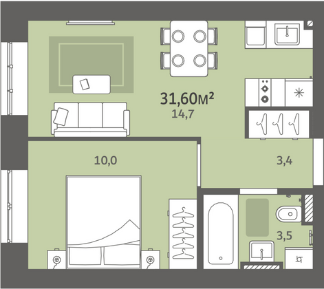 Продажа 1-комнатной квартиры 31,6 м², 3/9 этаж