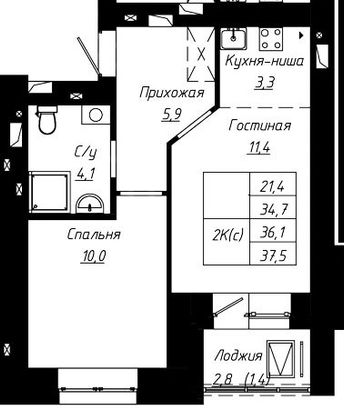 Продажа 2-комнатной квартиры 36,1 м², 14/16 этаж