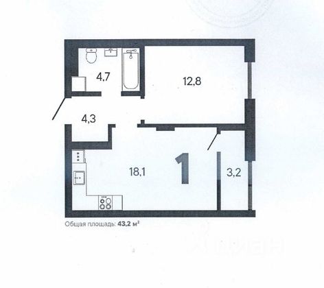 Продажа квартиры со свободной планировкой 43,2 м², 6/30 этаж