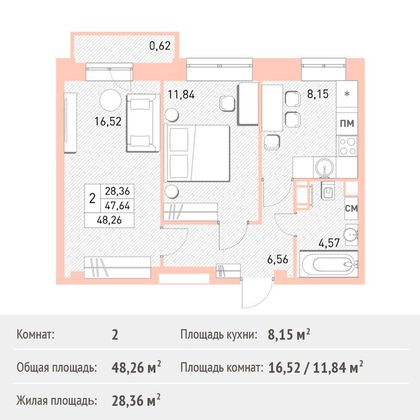 Продажа 2-комнатной квартиры 48,3 м², 5/17 этаж