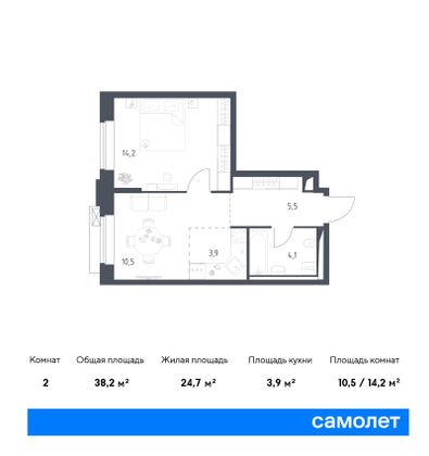 38,2 м², 1-комн. квартира, 6/9 этаж