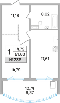 51,6 м², 1-комн. квартира, 8 этаж