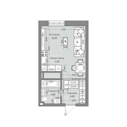 29 м², 1-комн. квартира, 24/25 этаж