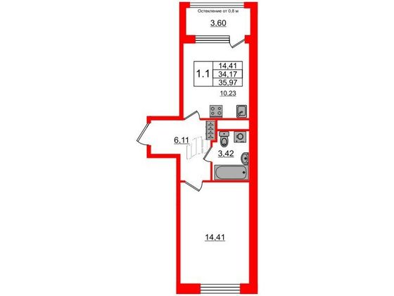 Продажа 1-комнатной квартиры 34,2 м², 1/9 этаж