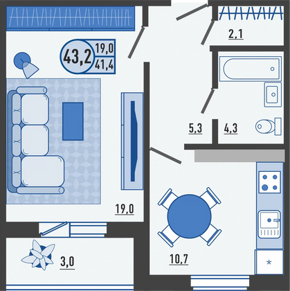 43,2 м², 1-комн. квартира, 4/16 этаж