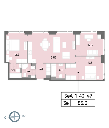 Продажа 3-комнатной квартиры 85,3 м², 48/52 этаж
