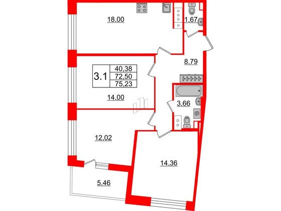 Продажа 3-комнатной квартиры 72,5 м², 9/12 этаж