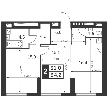 64,2 м², 2-комн. квартира, 34/47 этаж