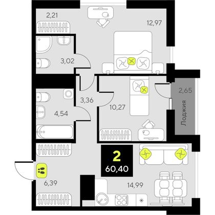 Продажа 2-комнатной квартиры 60,4 м², 15/17 этаж