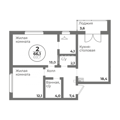 Продажа 2-комнатной квартиры 66,1 м², 7/15 этаж