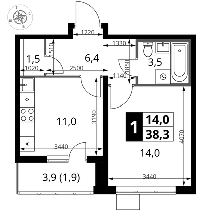 38,3 м², 1-комн. квартира, 24/25 этаж